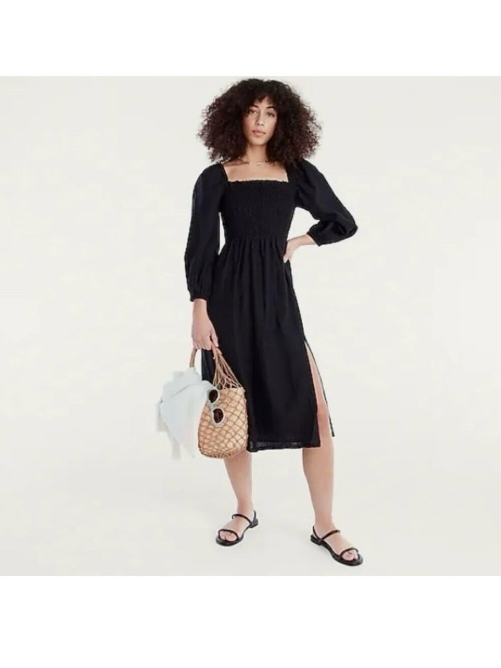 J. Crew Black Smocked Square-Neck Midi Dress with Side Slit